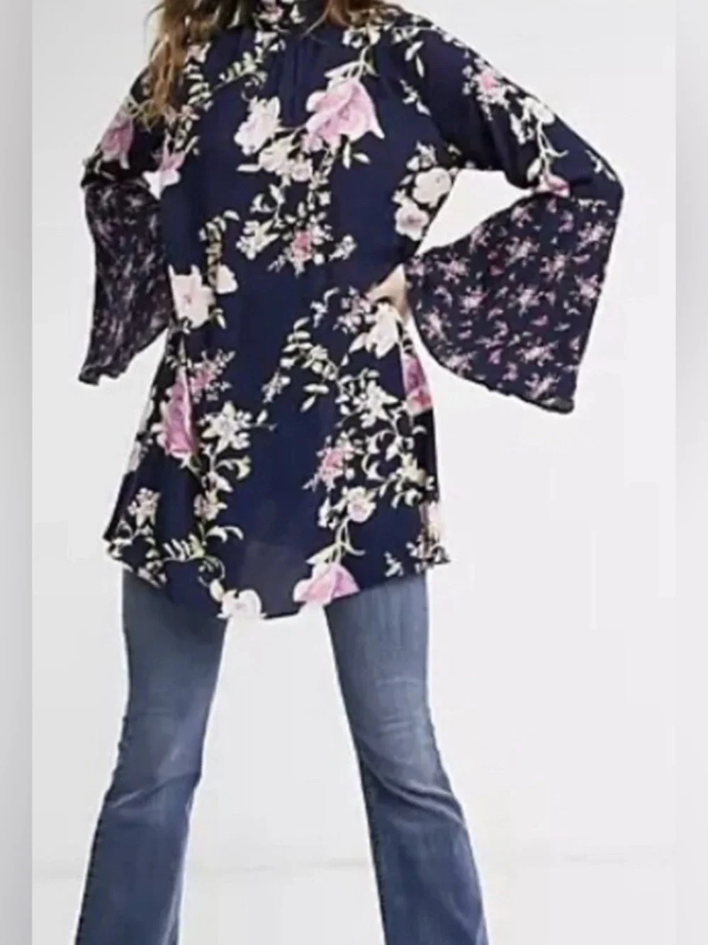 Free People Navy and Pink Floral Bell Sleeve Tunic Blouse - Size S
